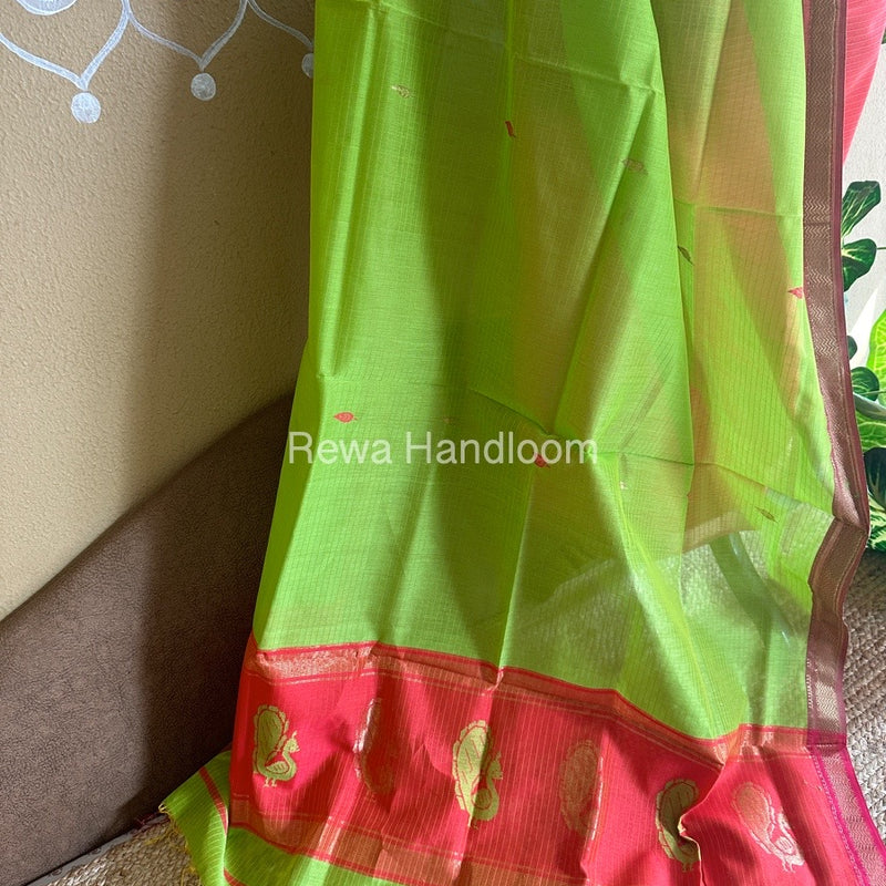 Maheshwari Orange-Parrot Green Peacock Buta-Buti Top-Dupatta Set BTP014