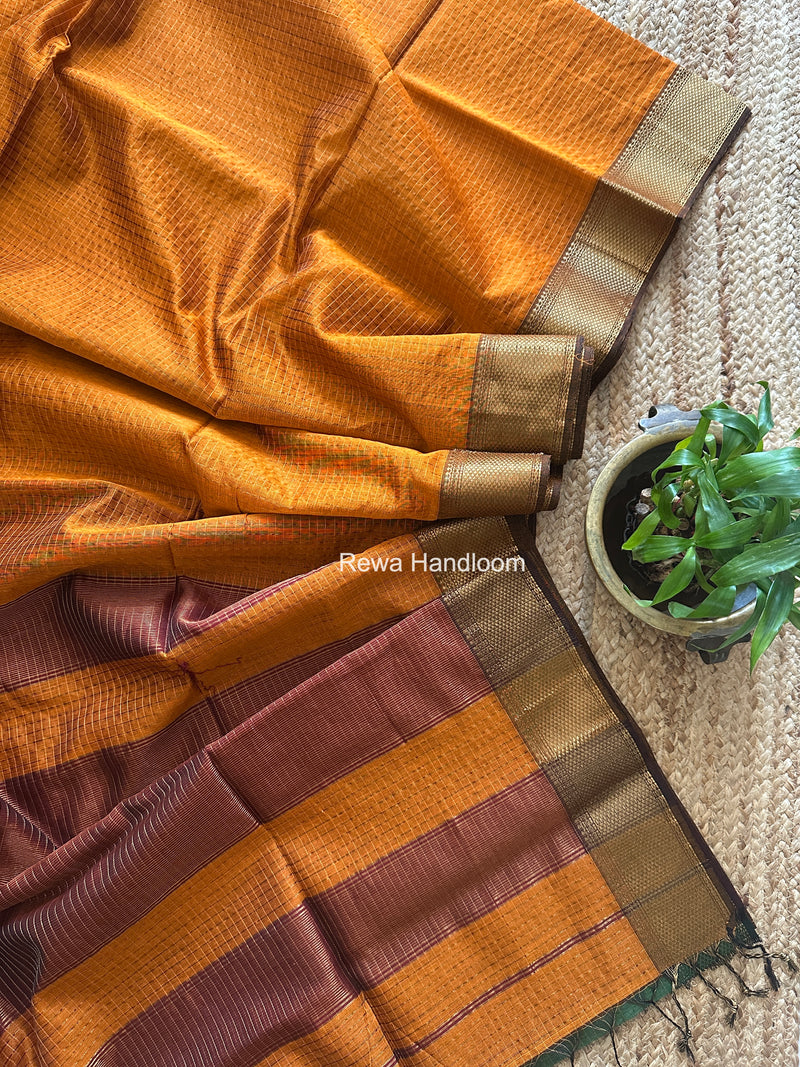 Maheshwari Rust Orange Zari Checks Saree ZCHX476