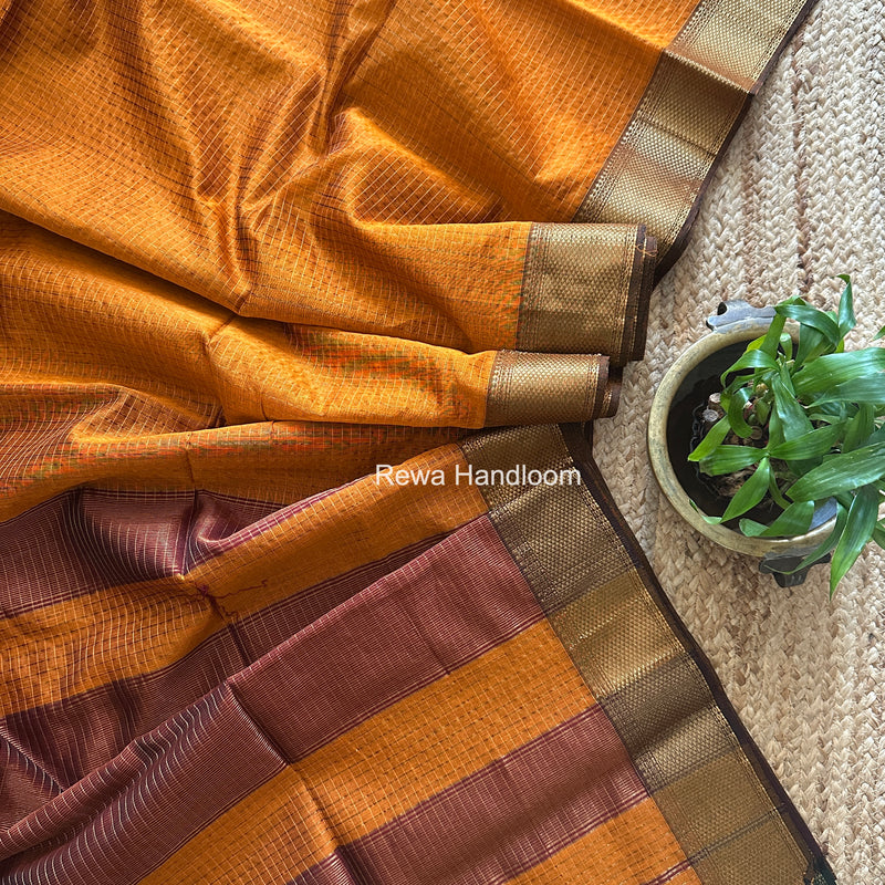 Maheshwari Rust Orange Zari Checks Saree ZCHX476