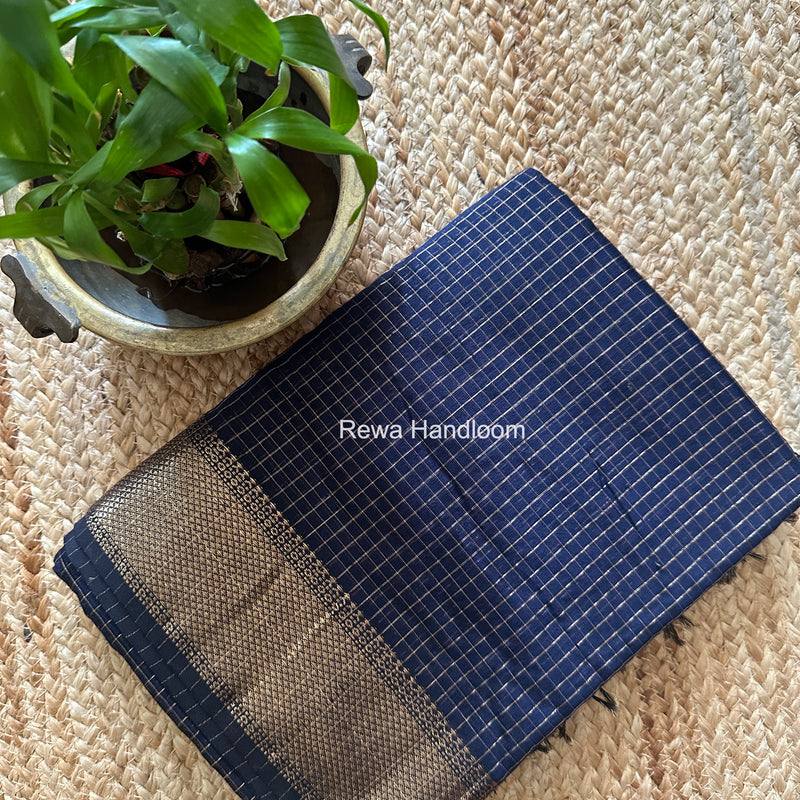 Maheshwari Navy Blue Zari Checks Saree ZCHX478
