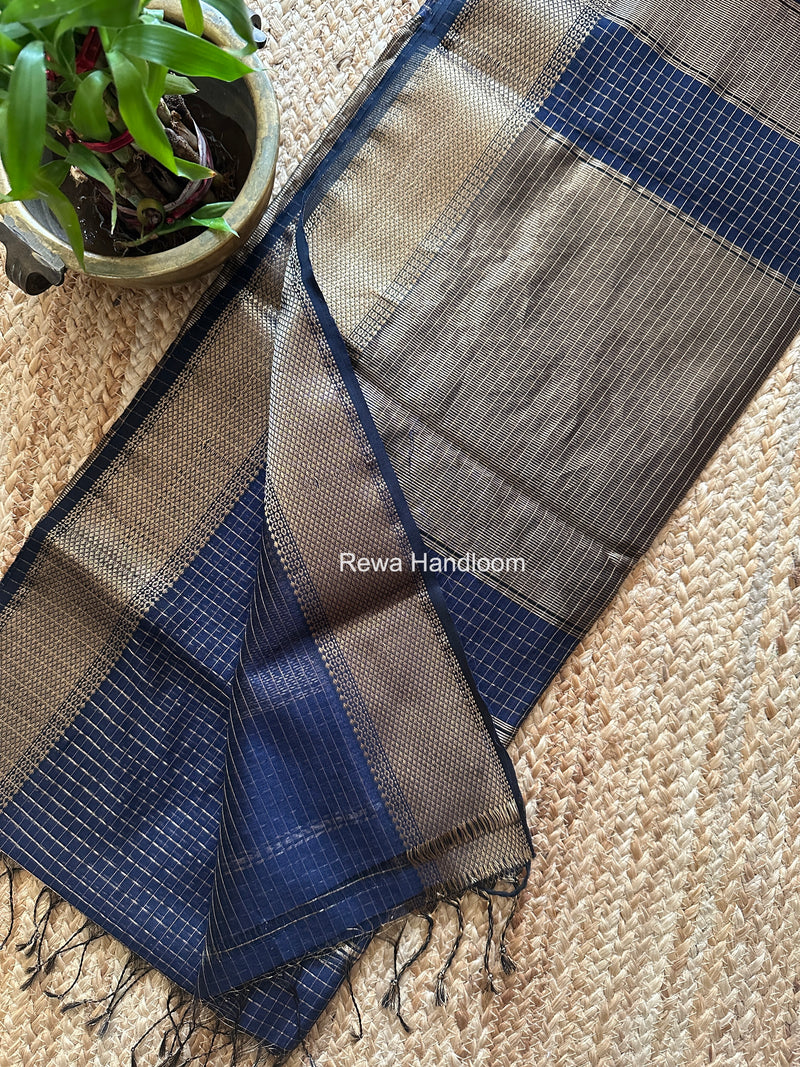 Maheshwari Navy Blue Zari Checks Saree ZCHX478