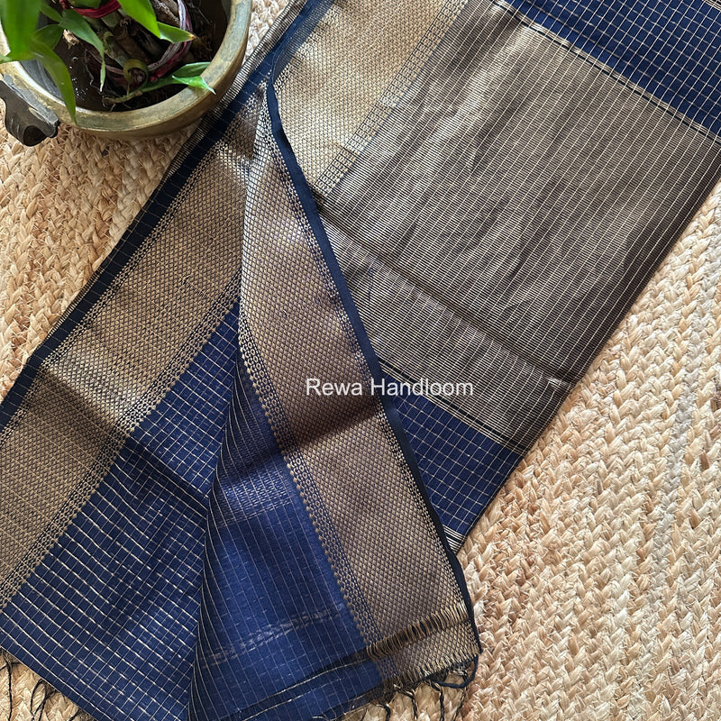 Maheshwari Navy Blue Zari Checks Saree ZCHX478