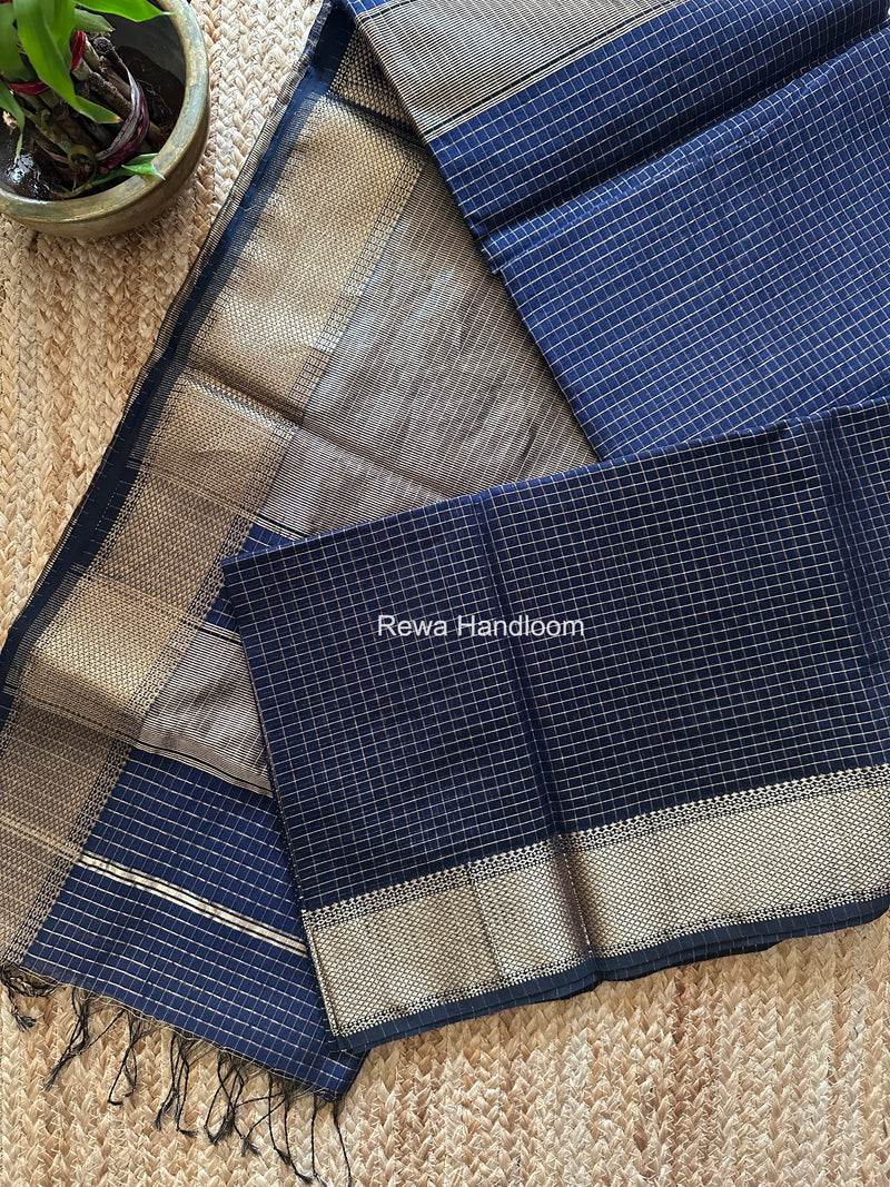 Maheshwari Navy Blue Zari Checks Saree ZCHX478