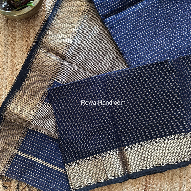 Maheshwari Navy Blue Zari Checks Saree ZCHX478
