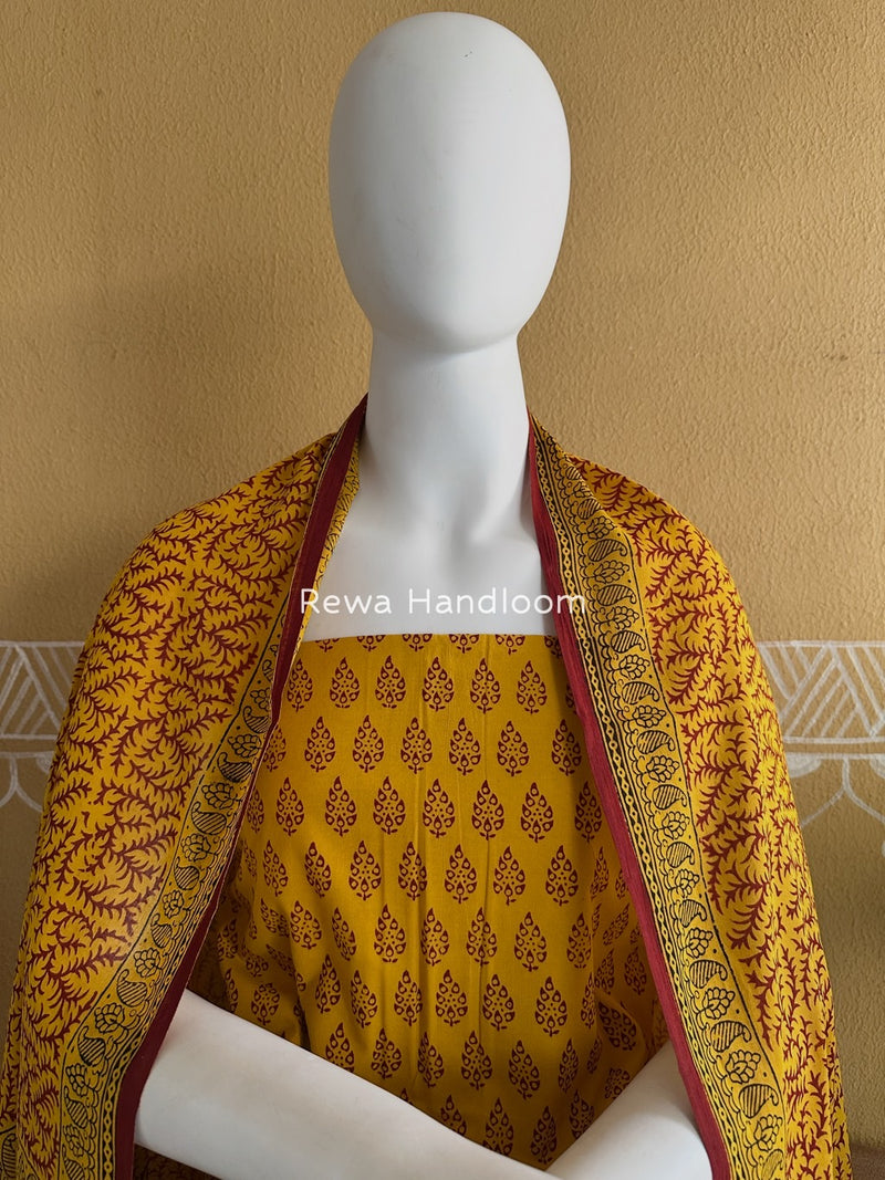 Yellow-Maroon Bagh Print Cotton Suit BGCSJ078