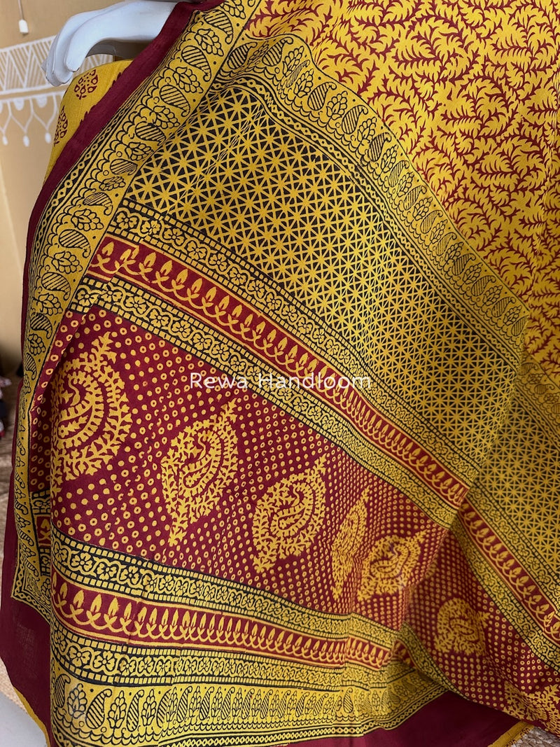 Yellow-Maroon Bagh Print Cotton Suit BGCSJ078