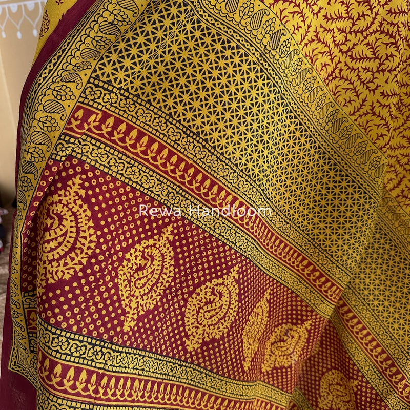 Yellow-Maroon Bagh Print Cotton Suit BGCSJ078