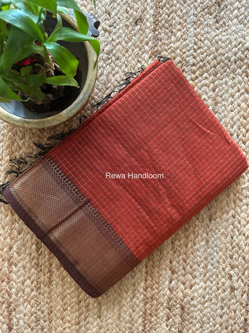 Maheshwari Rust Zari Checks Saree ZCHX436