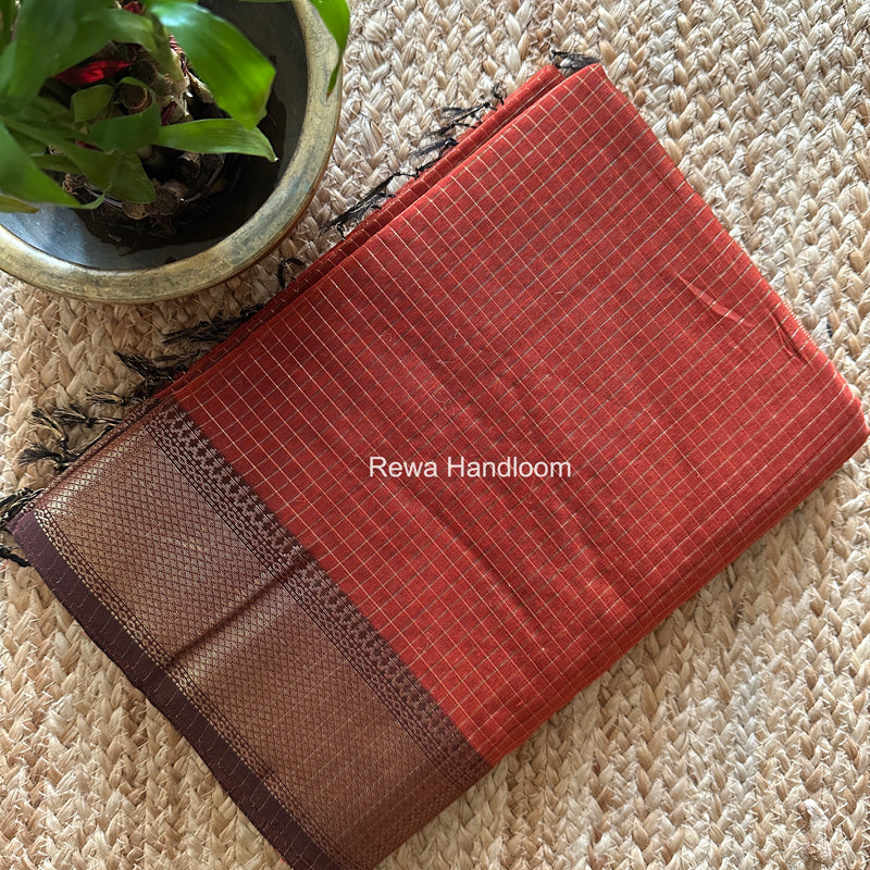 Maheshwari Rust Zari Checks Saree ZCHX436