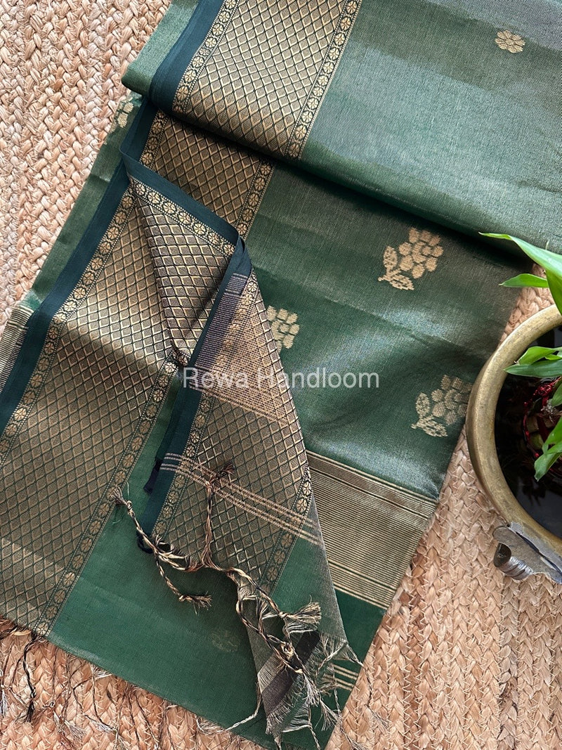 Maheshwari Bottle Green Tissue Silk Saree TFBS016