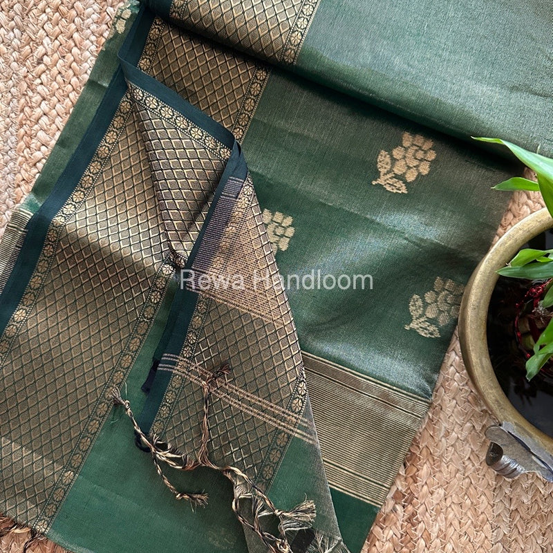 Maheshwari Bottle Green Tissue Silk Saree TFBS016