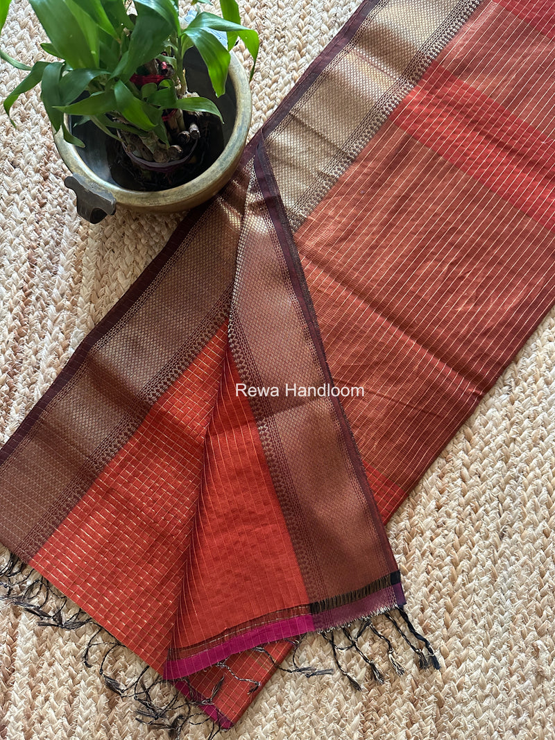 Maheshwari Rust Zari Checks Saree ZCHX436