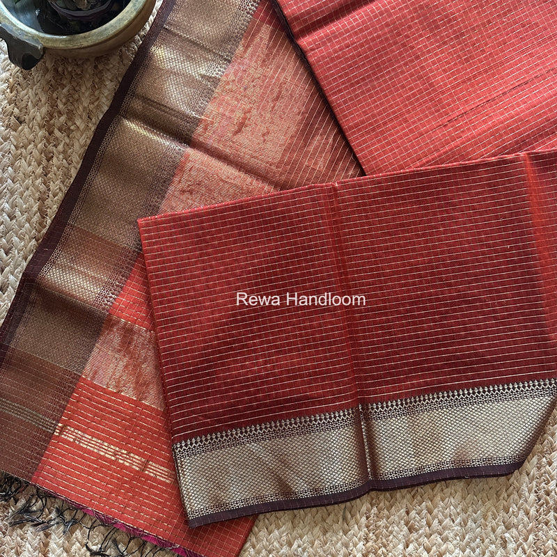 Maheshwari Rust Zari Checks Saree ZCHX436