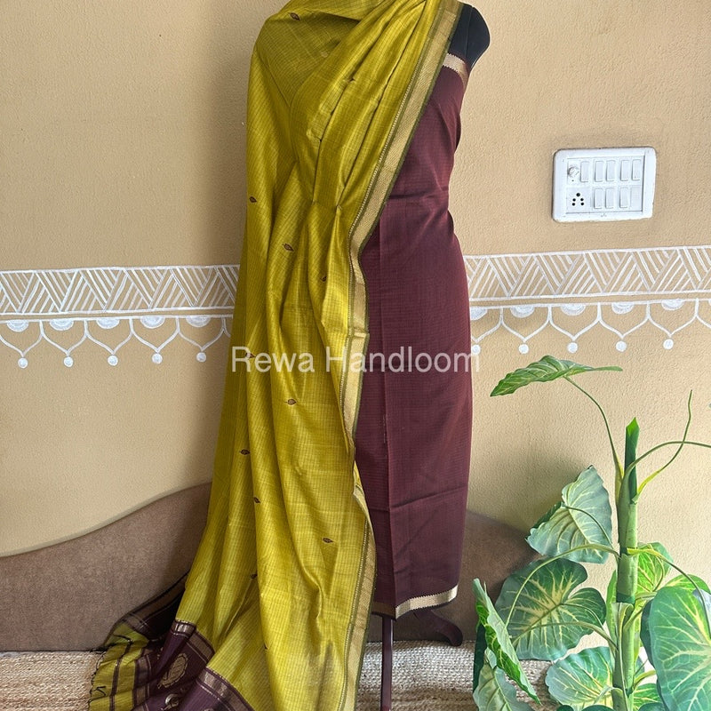 Maheshwari Brown-Green Peacock Buta-Buti Top-Dupatta Set BTP0205