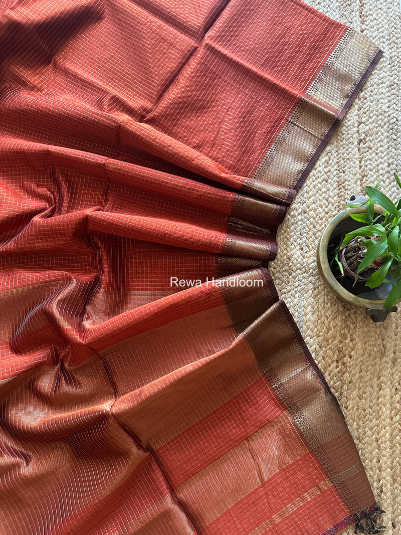 Maheshwari Rust Zari Checks Saree ZCHX436