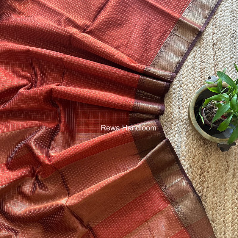 Maheshwari Rust Zari Checks Saree ZCHX436