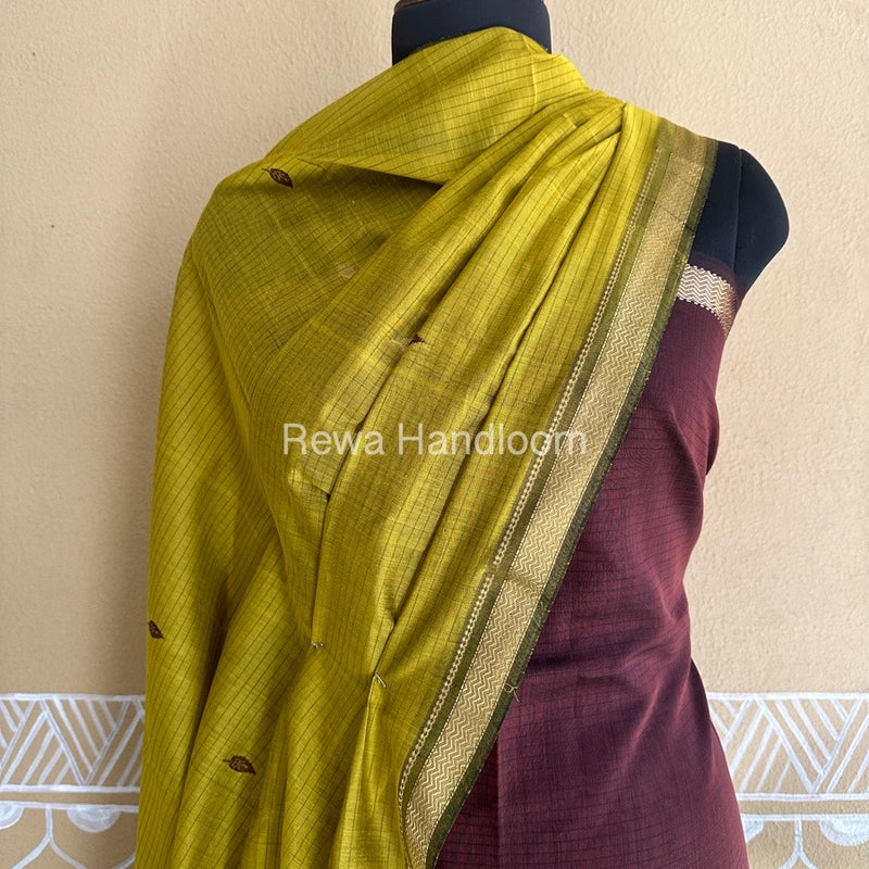 Maheshwari Brown-Green Peacock Buta-Buti Top-Dupatta Set BTP0205