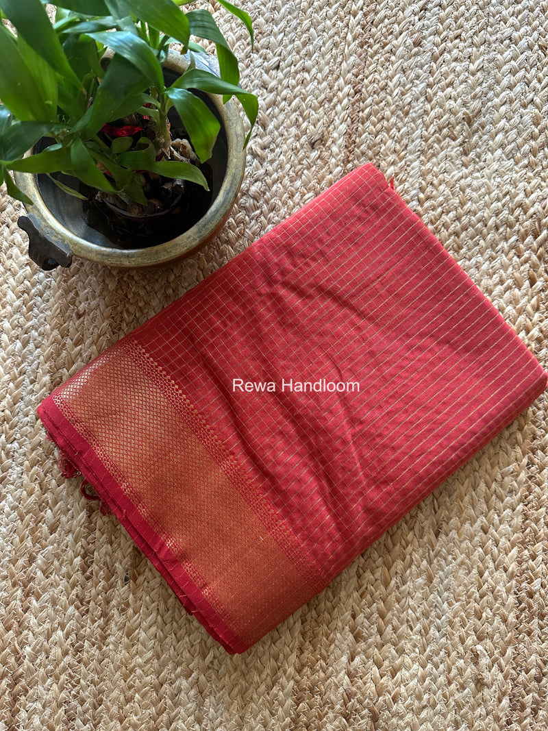 Maheshwari Carrot Red Zari Checks Saree ZCHX432