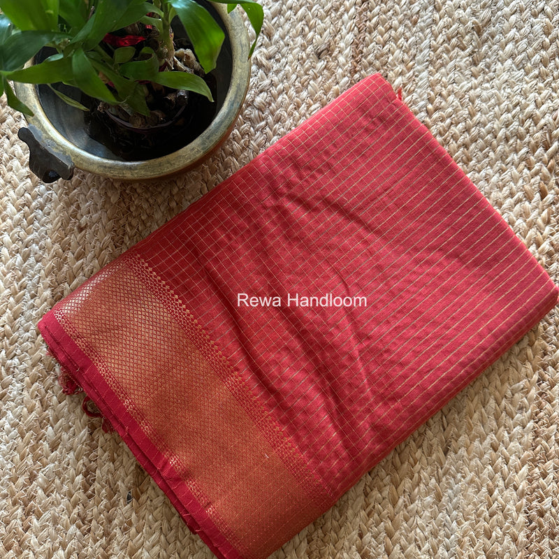 Maheshwari Carrot Red Zari Checks Saree ZCHX432