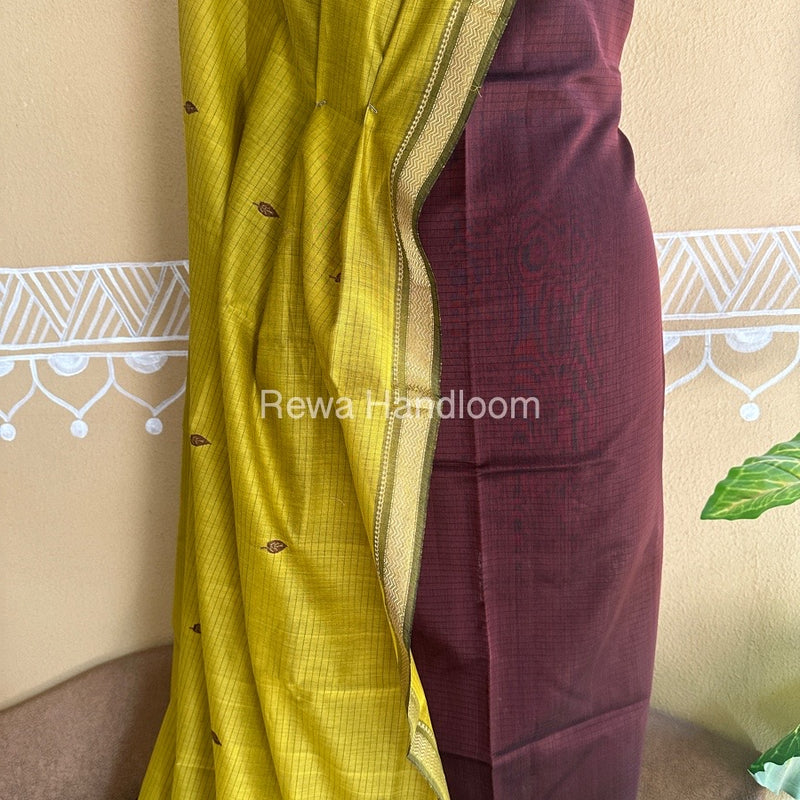 Maheshwari Brown-Green Peacock Buta-Buti Top-Dupatta Set BTP0205