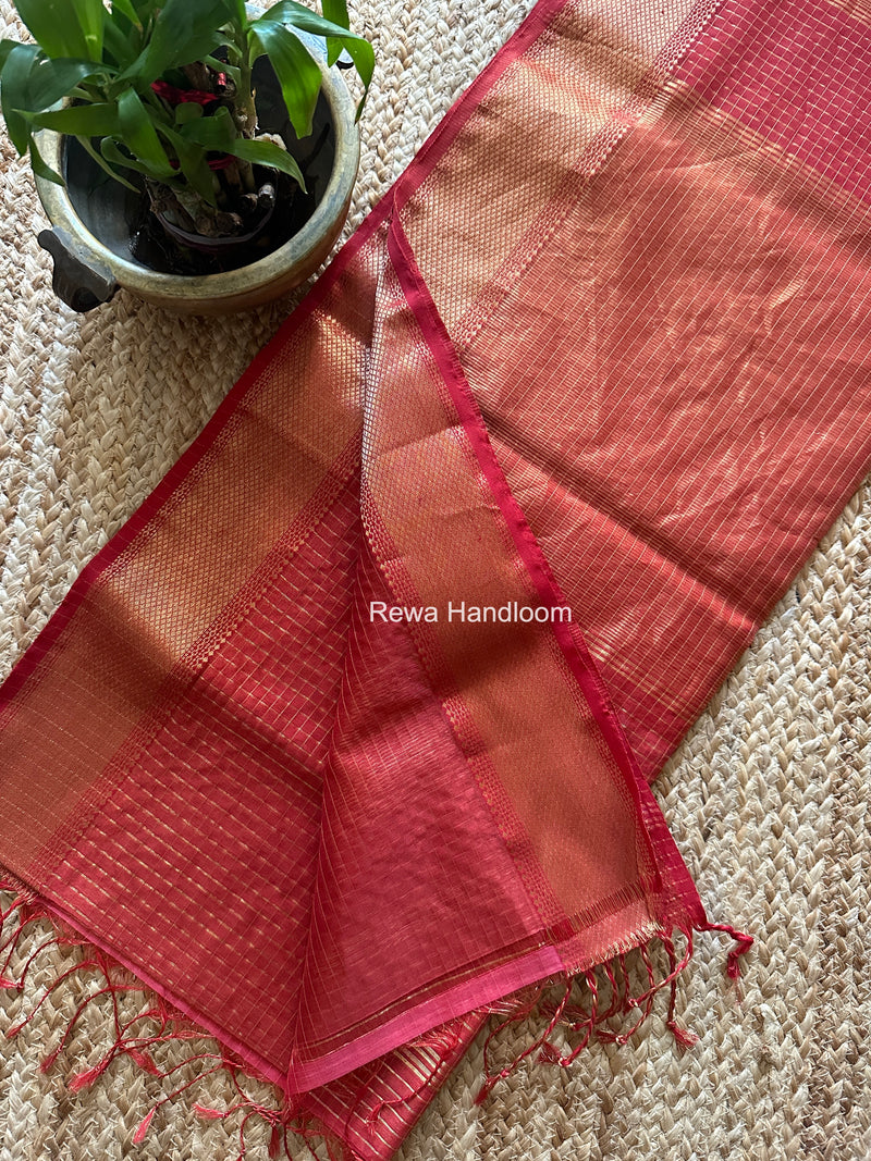 Maheshwari Carrot Red Zari Checks Saree ZCHX432