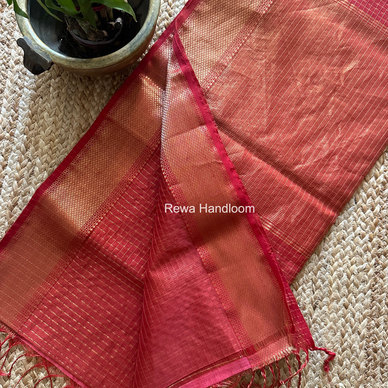 Maheshwari Carrot Red Zari Checks Saree ZCHX432