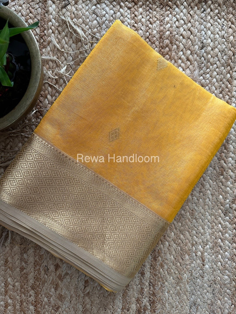 Maheshwari Yellow Tissue Silk Saree TFBS014