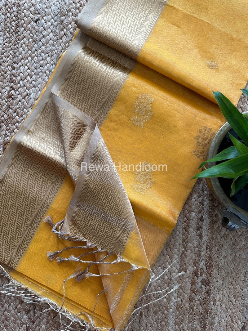 Maheshwari Yellow Tissue Silk Saree TFBS014