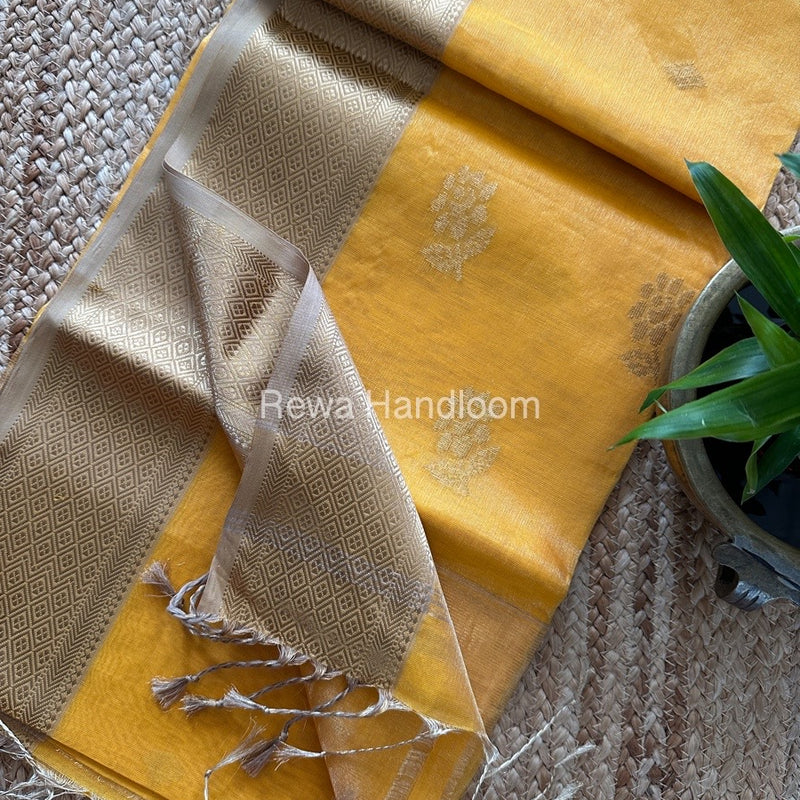 Maheshwari Yellow Tissue Silk Saree TFBS014