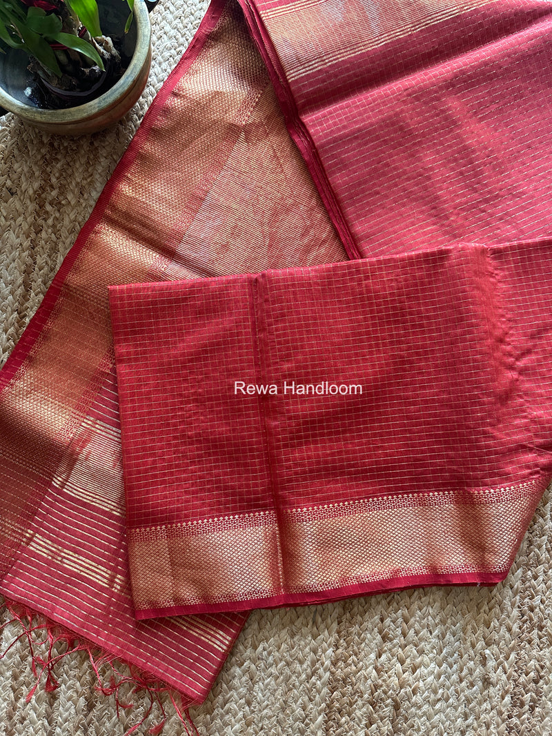 Maheshwari Carrot Red Zari Checks Saree ZCHX432