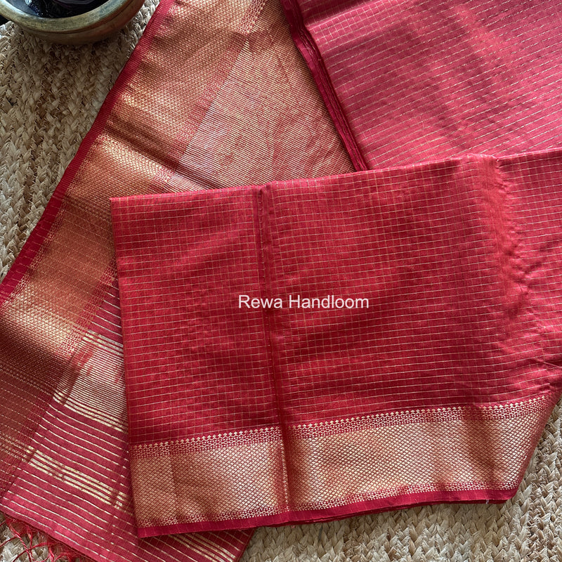 Maheshwari Carrot Red Zari Checks Saree ZCHX432