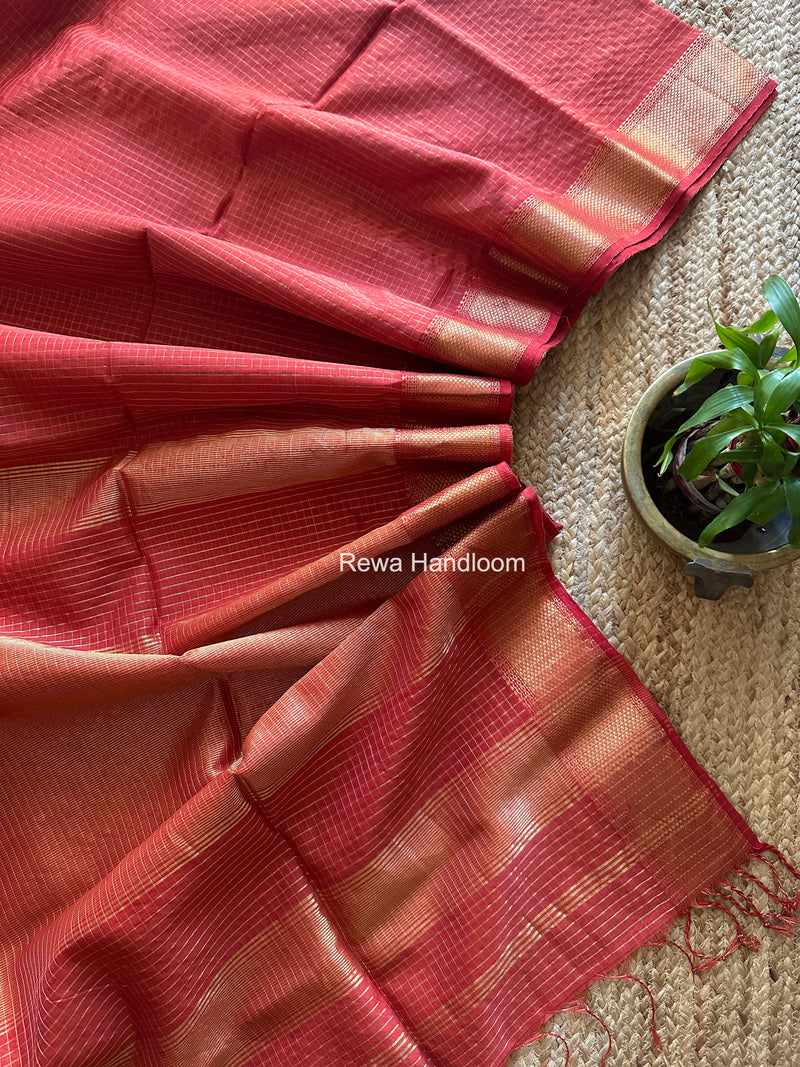 Maheshwari Carrot Red Zari Checks Saree ZCHX432