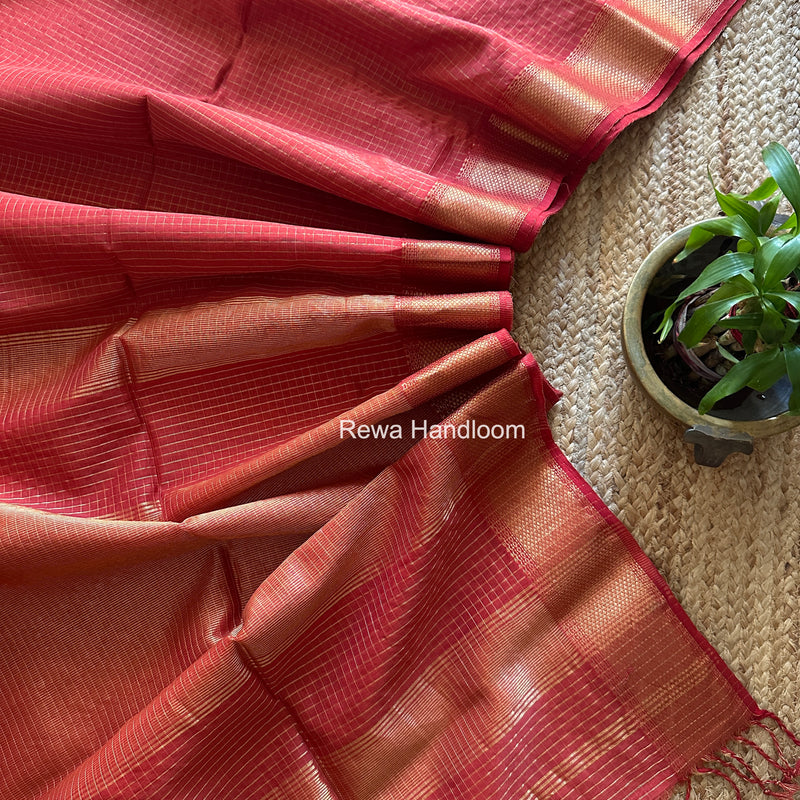 Maheshwari Carrot Red Zari Checks Saree ZCHX432