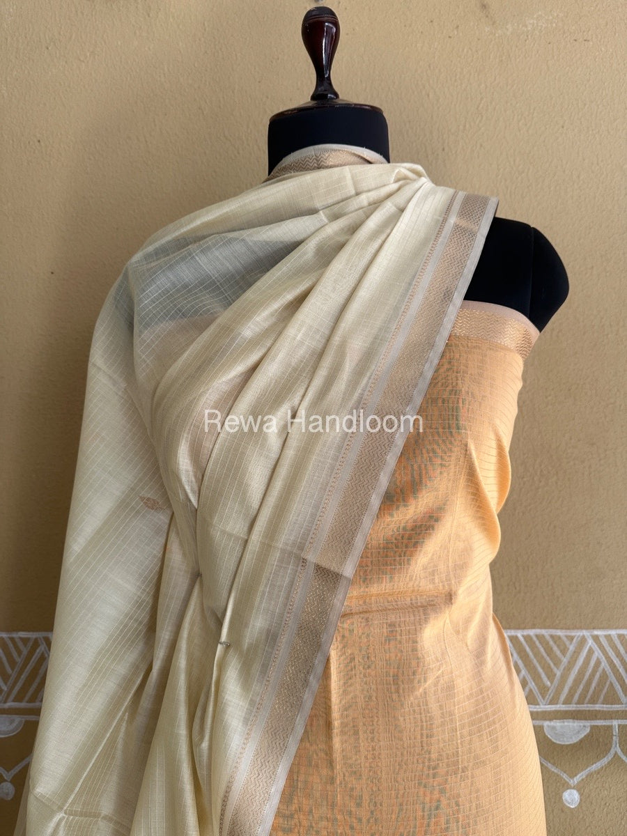 Maheshwari Peach-Cream yellow Peacock Buta-Buti Top-Dupatta Set BTP0254