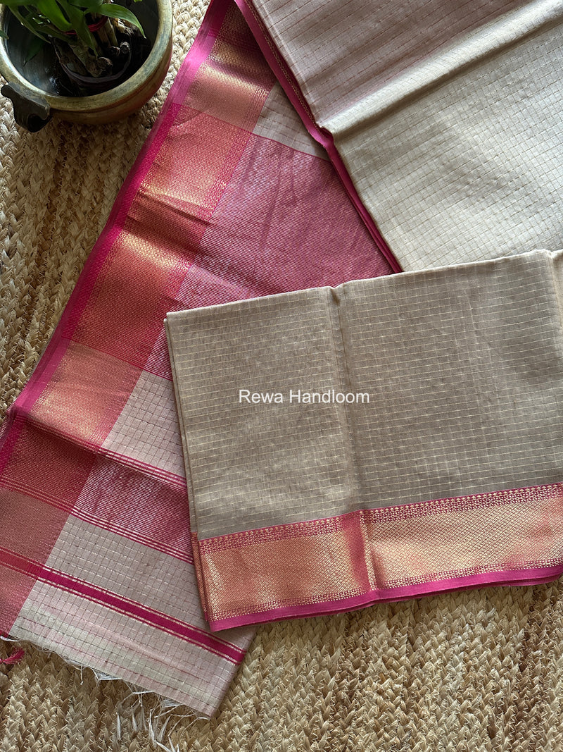 Maheshwari Beige Zari Checks Saree ZCHX435