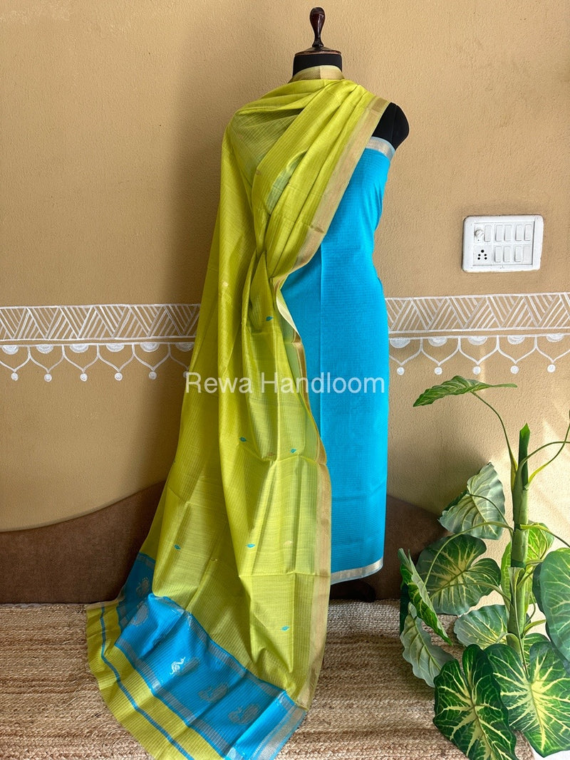 Maheshwari Firozi-Light Yellow Peacock Buta-Buti Top-Dupatta Set BTP0213