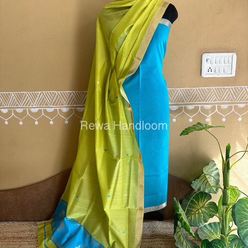 Maheshwari Firozi-Light Yellow Peacock Buta-Buti Top-Dupatta Set BTP0213