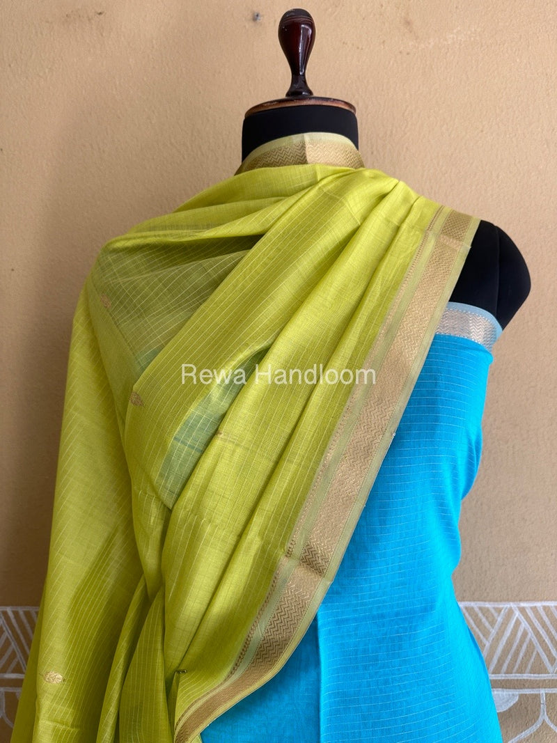Maheshwari Firozi-Light Yellow Peacock Buta-Buti Top-Dupatta Set BTP0213