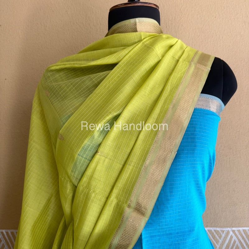 Maheshwari Firozi-Light Yellow Peacock Buta-Buti Top-Dupatta Set BTP0213