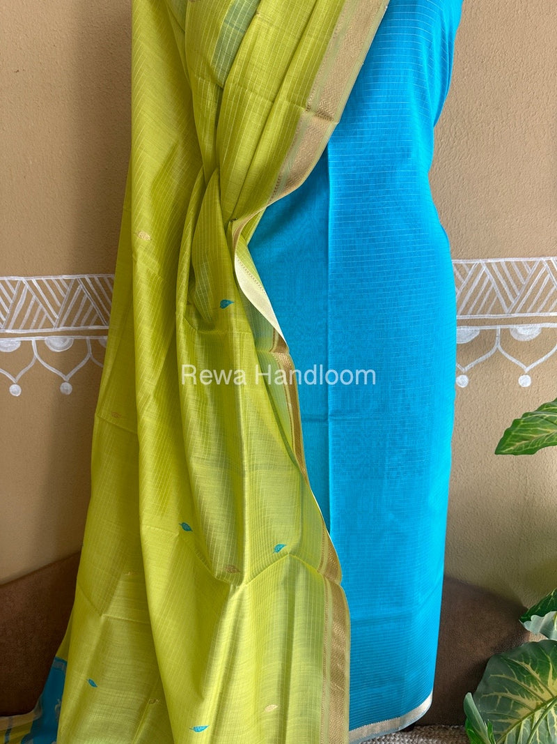 Maheshwari Firozi-Light Yellow Peacock Buta-Buti Top-Dupatta Set BTP0213