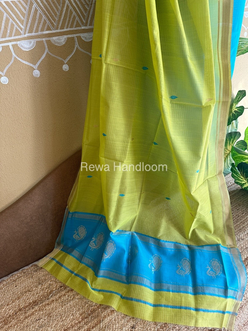 Maheshwari Firozi-Light Yellow Peacock Buta-Buti Top-Dupatta Set BTP0213