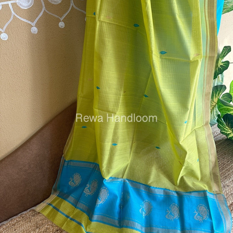 Maheshwari Firozi-Light Yellow Peacock Buta-Buti Top-Dupatta Set BTP0213