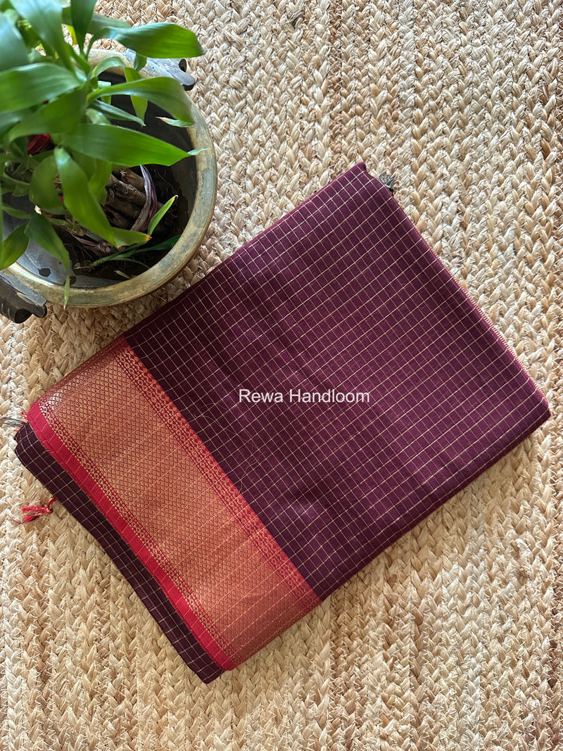 Maheshwari Wine Zari Checks Saree ZCHX433