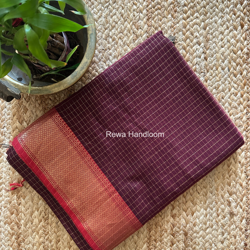 Maheshwari Wine Zari Checks Saree ZCHX433