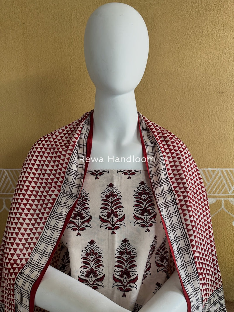 White-Maroon Bagh Print Cotton Suit BGCSJ026