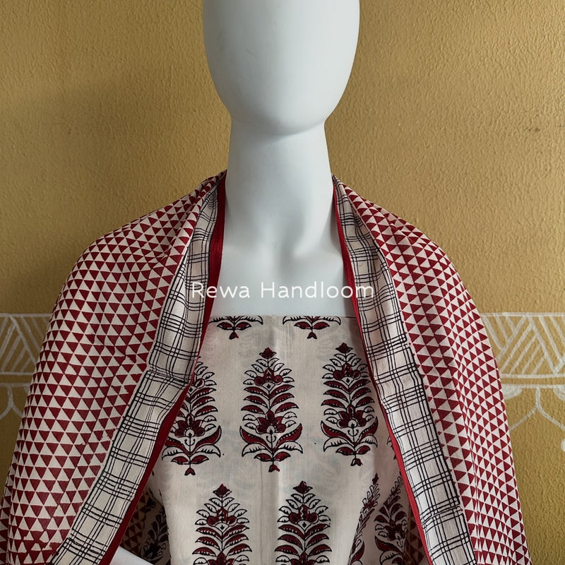 White-Maroon Bagh Print Cotton Suit BGCSJ026