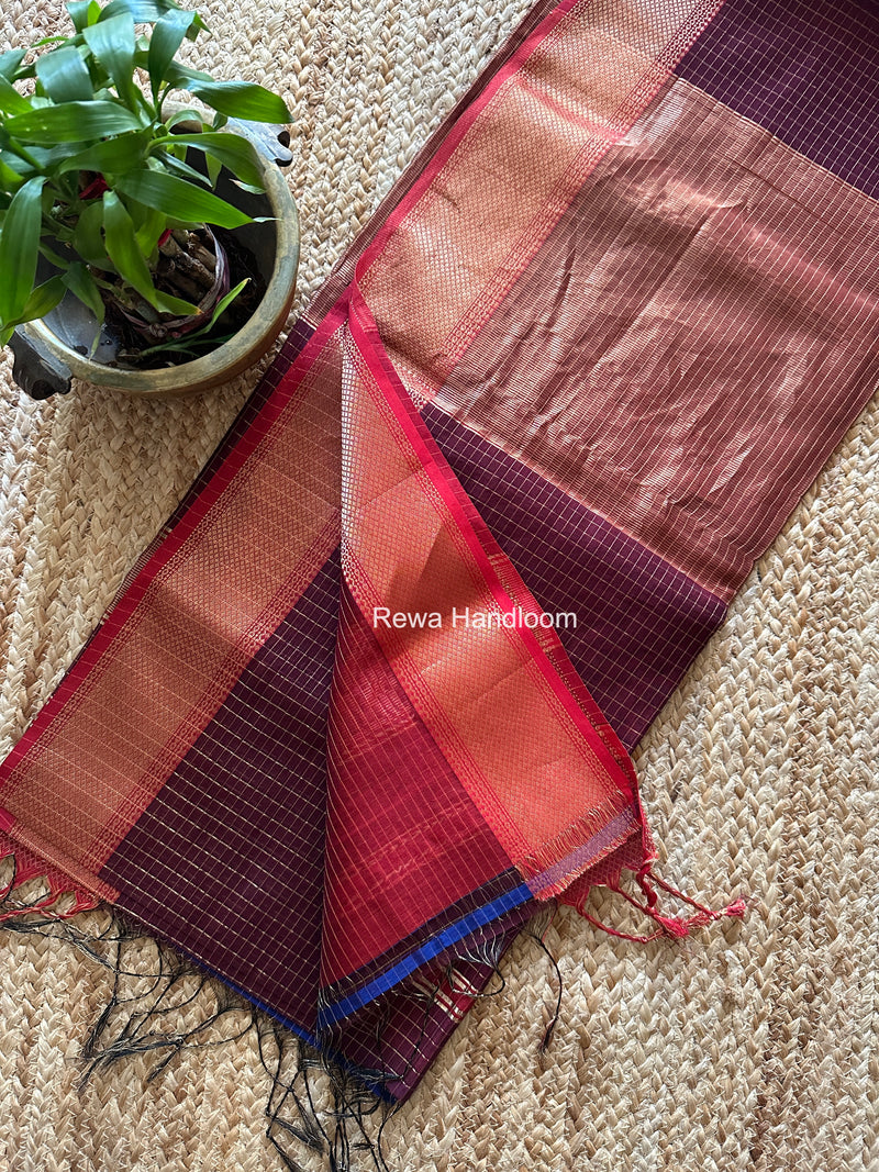Maheshwari Wine Zari Checks Saree ZCHX433