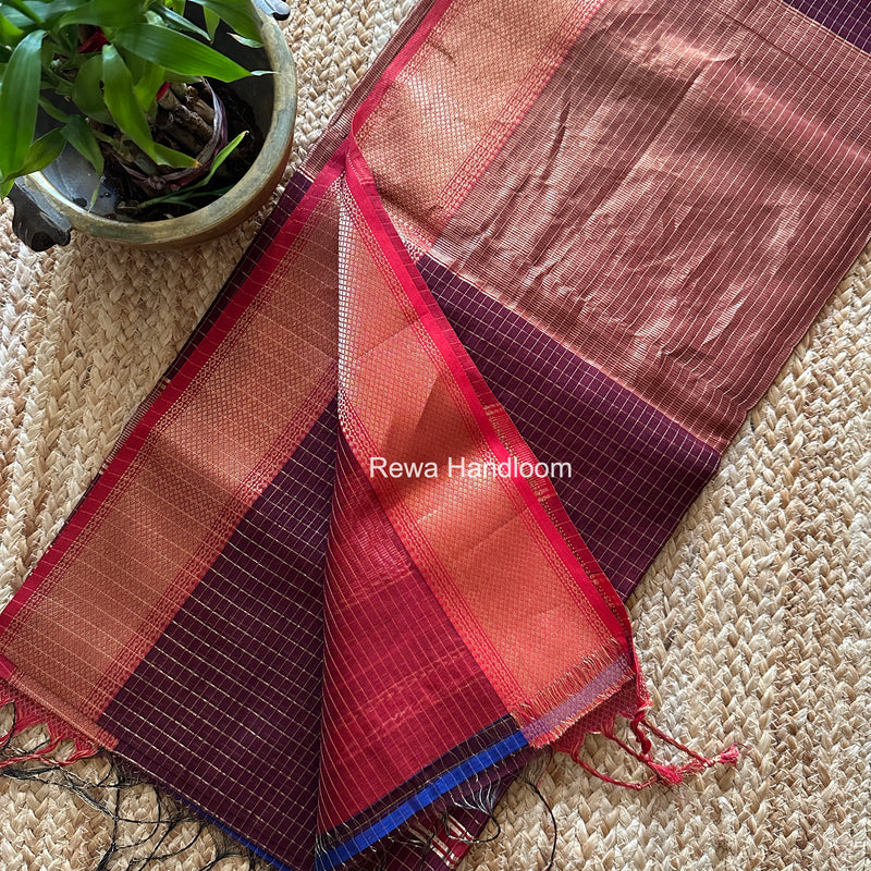 Maheshwari Wine Zari Checks Saree ZCHX433
