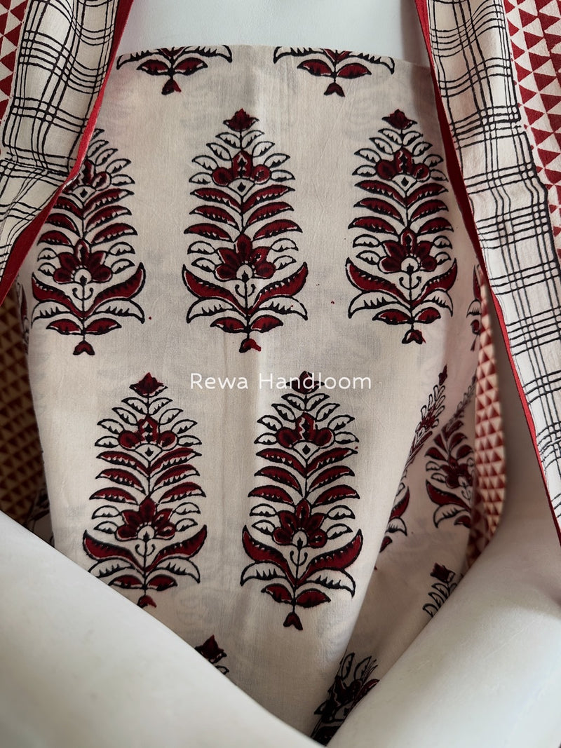 White-Maroon Bagh Print Cotton Suit BGCSJ026