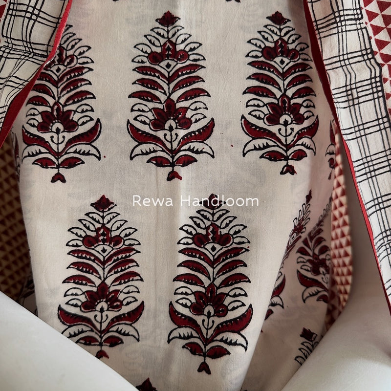White-Maroon Bagh Print Cotton Suit BGCSJ026